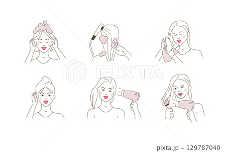 Beauty Girl Take Care of her Hair and Making Treatment Procedures. Woman Shampooing, Washing, Drying Hair with Hairdryer and Wiping with Towel Beauty Girl Take Care of her Hair and Making Treatment Procedures. Woman Shampooing, Washing, Drying Hair with Hairdryer and Wiping with Towel 129787040