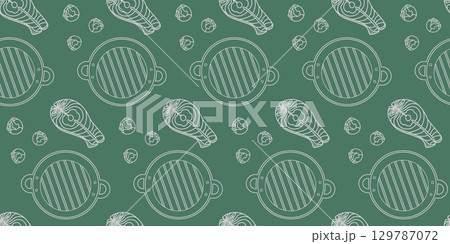 Outline Brussels sprouts Salmon Steak and Grill Pan Chalk Seamless Pattern on Green Banner Backdrop 129787072