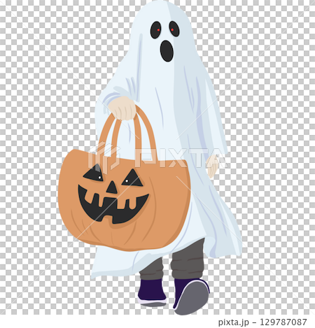 Cute white ghost with pumpkin bag perfect for Halloween designs for kid  books, and magical themed artwork. Cute white ghost with pumpkin bag perfect for Halloween designs for kid  books, and magical themed artwork. 129787087