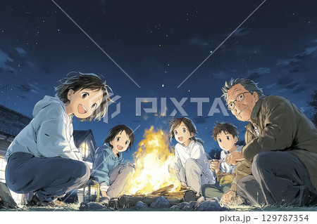 秋の夜、家族で焚き火を囲むシーン のイラスト素材 [129787354] - PIXTA