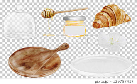 Croissant watercolor set. Hand drawn fresh french bun, honey and dishes. Food clip art. Ideal for bakery prints, postcards and pastry shop posters. 129787417