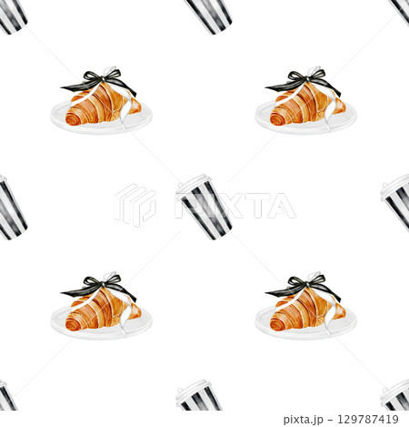 Croissant and coffee watercolor seamless pattern. Hand drawn fresh french bun with with hot cappuccino. Food clip art. Ideal for bakery prints, postcards and wrapping paper 129787419