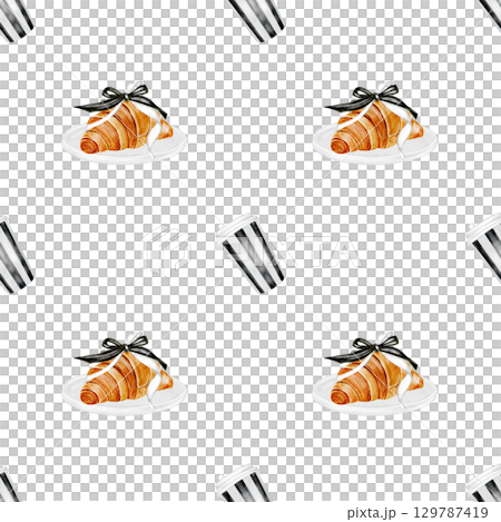 Croissant and coffee watercolor seamless pattern. Hand drawn fresh french bun with with hot cappuccino. Food clip art. Ideal for bakery prints, postcards and wrapping paper 129787419