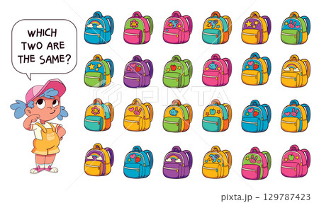 Fun visual puzzle for kids: find the two identical backpacks. Find the Match 129787423