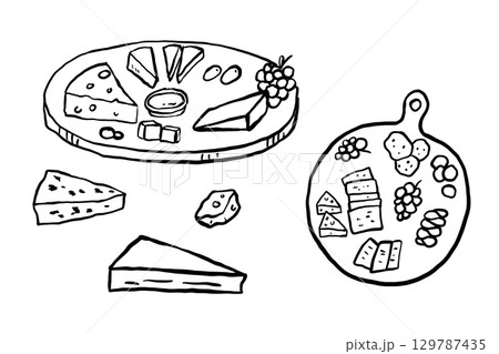 Appetisers doodle drawings set. Cheese on plate. Slow living concept, illustrations, charcuterie Appetisers doodle drawings set. Cheese on plate. Slow living concept, illustrations, charcuterie 129787435