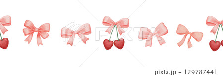 Seamless border with coquette bow and cherry, watercolor hand drawn illustrations Seamless border with coquette bow and cherry, watercolor hand drawn illustrations 129787441