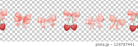 Seamless border with coquette bow and cherry, watercolor hand drawn illustrations Seamless border with coquette bow and cherry, watercolor hand drawn illustrations 129787441