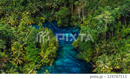 Most transparent lake with blue fresh water in Indonesia. Drone above view 129787513