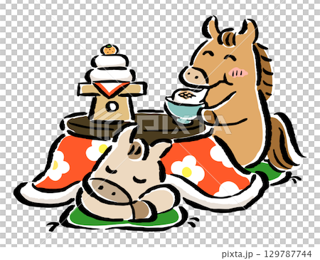 Horses, the zodiac sign of the year, relax in a kotatsu during the New Year holidays Horses, the zodiac sign of the year, relax in a kotatsu during the New Year holidays 129787744