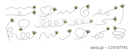 飛び回る蜂のカットイラスト集。かわいい蜂のキャラクター。シンプルな点線と蜂のイラストレーション。 129787791