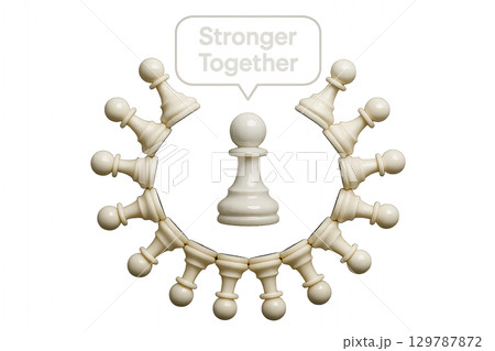 Successful Leadership, A circular arrangement of pawns around a central king figure symbolizing teamwork and successful leadership unity. Stronger Together concept Successful Leadership, A circular arrangement of pawns around a central king figure symbolizing teamwork and successful leadership unity. Stronger Together concept 129787872