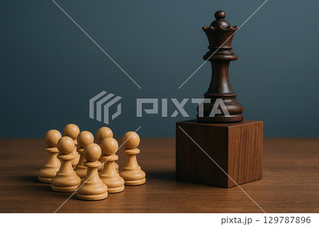 A black brown knight on top of a wooden cube leading pawns symbolizing principled and ethical leadership guidance A black brown knight on top of a wooden cube leading pawns symbolizing principled and ethical leadership guidance 129787896