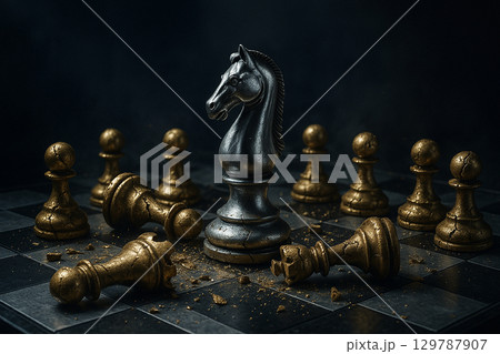 A black knight facing golden pawns symbolizing tactical leadership and the challenge of overcoming obstacles strategically 129787907