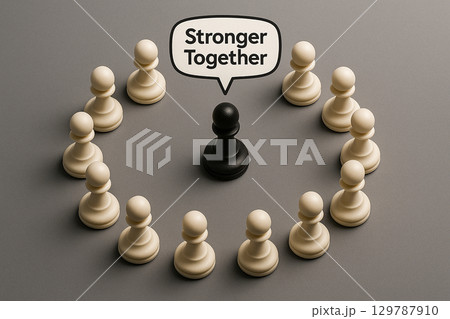 Circle of pawns surrounding empty space symbolizing collective leadership and shared responsibility. Together stronger concept 129787910