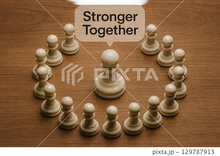 Pawns arranged in a circular pattern showcasing inclusivity and collective leadership strength 129787913