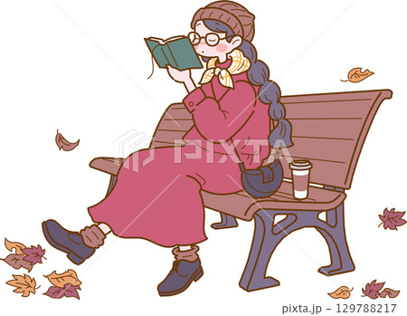 秋のベンチで読書をする女性のイラスト 秋のベンチで読書をする女性のイラスト 129788217