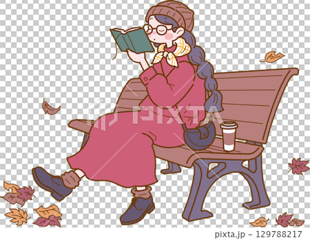 秋のベンチで読書をする女性のイラスト 秋のベンチで読書をする女性のイラスト 129788217