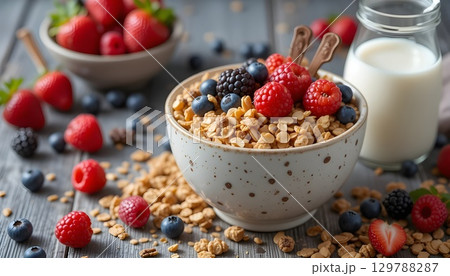 Healthy Homemade Granola with Fresh Berries and Milk | Nutritious Breakfast Concept. Healthy Homemade Granola with Fresh Berries and Milk | Nutritious Breakfast Concept. 129788287