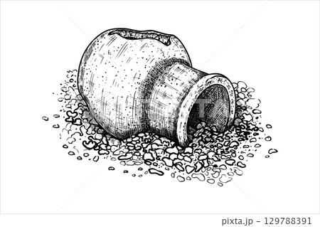 Hand drawn broken vase on pebbles. Vector illustration 129788391