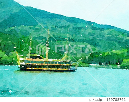 水彩画風|箱根・芦ノ湖と海賊船が彩る絶景風景|自然と旅の癒しを感じる一枚 水彩画風|箱根・芦ノ湖と海賊船が彩る絶景風景|自然と旅の癒しを感じる一枚 129788761