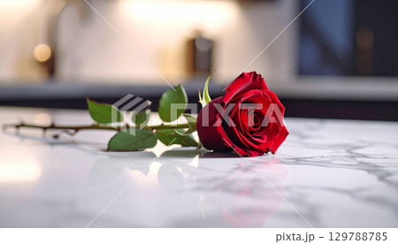 Single red rose with green leaves lies on marble surface, creating romantic and elegant scene with soft background lighting 129788785