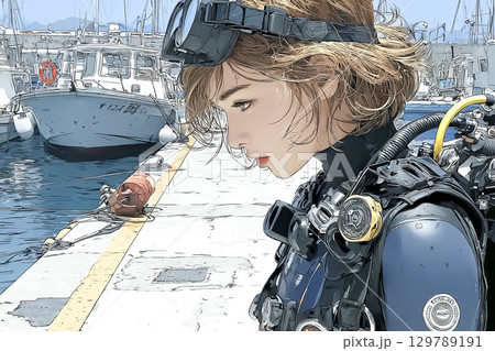 準備が整い、出発を待つ女性ダイバー 129789191