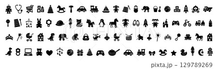 Set of kids toys in black silhouette icons, isolated on white background. concept of childhood, playful collection, toy designs, playtime fun, iconic shapes, children s graphic art 129789269