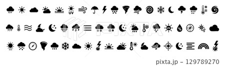 Set of Black silhouettes of various weather icons including sun, cloud, lightning, wind and other isolated on white background. concept of meteorology, climate symbols, illustration, collection 129789270