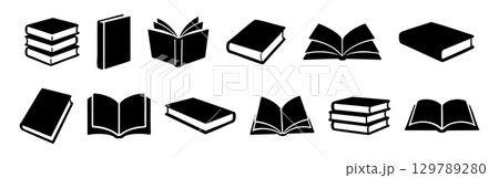 Black silhouettes of books in various forms isolated on white background, graphic illustration. concept of literature, reading collection, education, icon, library, design element 129789280