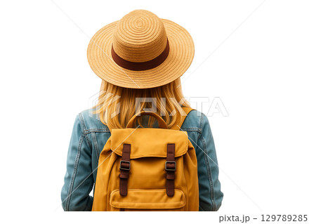 PNG woman tourist with straw hat and yellow backpack isolated on transparent background. Concept of travel adventure, summer vacation, hiking lifestyle. Cut out girl for trip design element 129789285