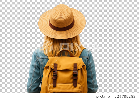 PNG woman tourist with straw hat and yellow backpack isolated on transparent background. Concept of travel adventure, summer vacation, hiking lifestyle. Cut out girl for trip design element 129789285