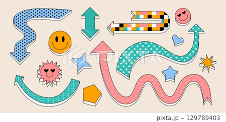 Arrows with playful patterns in retro design 129789403