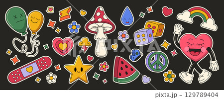 Retro sticker set with smiling heart character 129789404