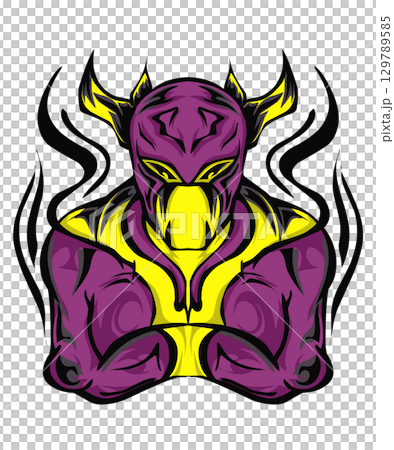 Illustration of a bull character. Perfect for cartoon elements, tattoos, logos, clothes, hats 129789585