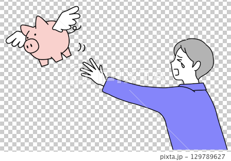 Line art vector illustration of a man chasing a simple piggy bank with wings 129789627