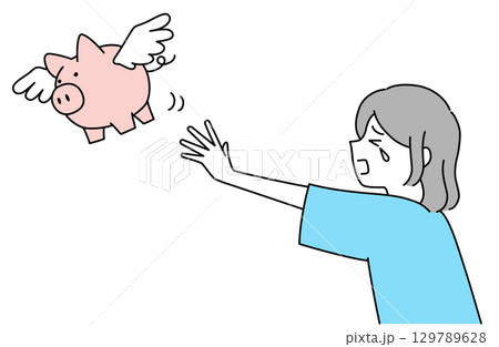 羽の生えたシンプルな豚の貯金箱を追いかける女性を描いた線画ベクターイラスト 129789628