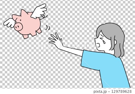 羽の生えたシンプルな豚の貯金箱を追いかける女性を描いた線画ベクターイラスト 129789628