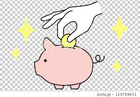 Line drawing vector illustration of a hand putting a coin into a simple piggy bank 129789631