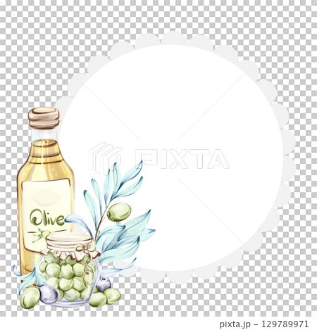 Olive branches and olive oil a watercolor illustration celebrating Italian cuisine and nature frame, border, arrangement Olive branches and olive oil a watercolor illustration celebrating Italian cuisine and nature frame, border, arrangement 129789971