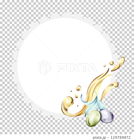 Watercolor illustration featuring olives and olive oil inspired by Italian cuisine and nature frame, border, arrangement Watercolor illustration featuring olives and olive oil inspired by Italian cuisine and nature frame, border, arrangement 129789972