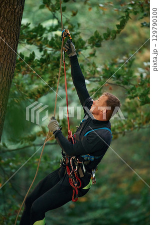Side view, using the rope, hanging. Man is doing climbing in the forest by use of safety equipment 129790100