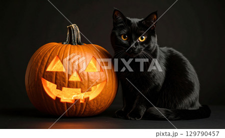 Black cat sitting next to lit carved pumpkin with Halloween face on dark background, creating spooky and festive atmosphere for autumn or Halloween celebrations Black cat sitting next to lit carved pumpkin with Halloween face on dark background, creating spooky and festive atmosphere for autumn or Halloween celebrations 129790457