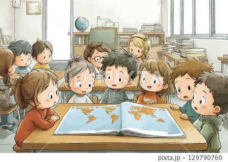 子どもたちが世界地図を見ながら学ぶ社会子どもたちが机上で地図帳を使い、国や都市を確認する授業科授業 129790760
