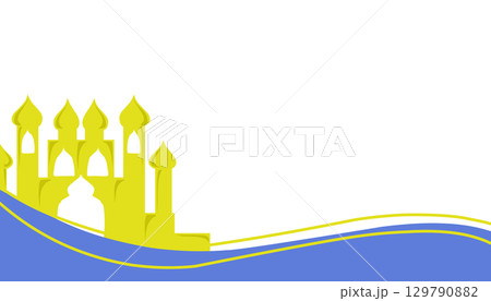 The background theme is Ramadan and Muslim holidays with a silhouette of a yellow mosque and blue waves. 129790882