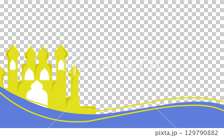 The background theme is Ramadan and Muslim holidays with a silhouette of a yellow mosque and blue waves. 129790882