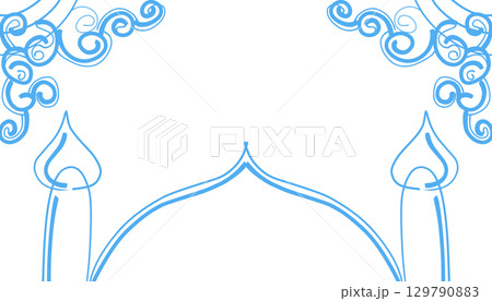 Handmade line background on the theme of Ramadan and Muslim holidays in blue, with a picture of a mosque dome. 129790883