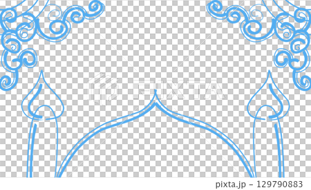 Handmade line background on the theme of Ramadan and Muslim holidays in blue, with a picture of a mosque dome. 129790883