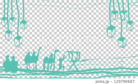 Handmade background with the theme of Ramadan and Islamic holidays in green colour with elements of people, camels, drum. 129790887