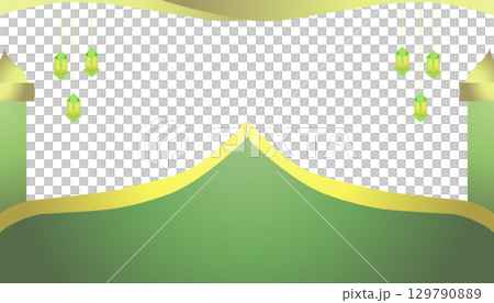 Background theme of Ramadan and Islamic holidays with images of mosques, lanterns with yellow and green colours. 129790889