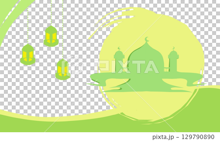Background theme of Ramadan and Islamic holidays with images of mosques, lanterns with yellow and green colours. 129790890